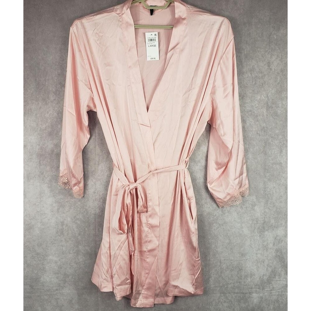 INC International Concepts Robe Womens Large Pink Satin Kimono Lace Trim Lounge